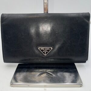 Prada Black Leather and Nylon Tri-Fold Wallet Card Holder Made in Italy
